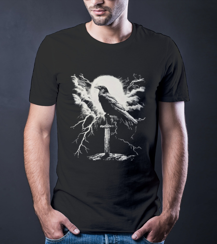 Raven On Sword With Lightning And Moon T-Shirt