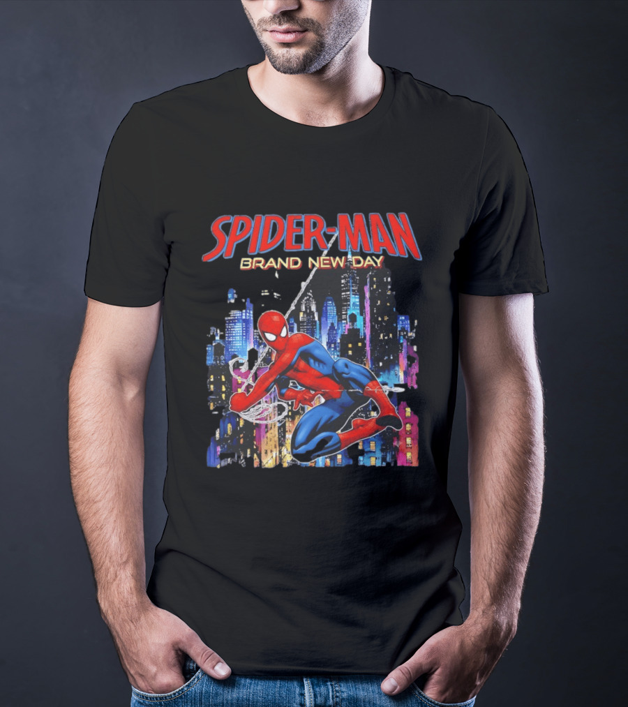 Spider Man Brand New Day Web Superhero Swinging City Night Marvel Studios T-Shirt