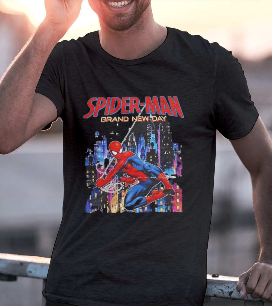 Spider Man Brand New Day Web Superhero Swinging City Night Marvel Studios T-Shirt