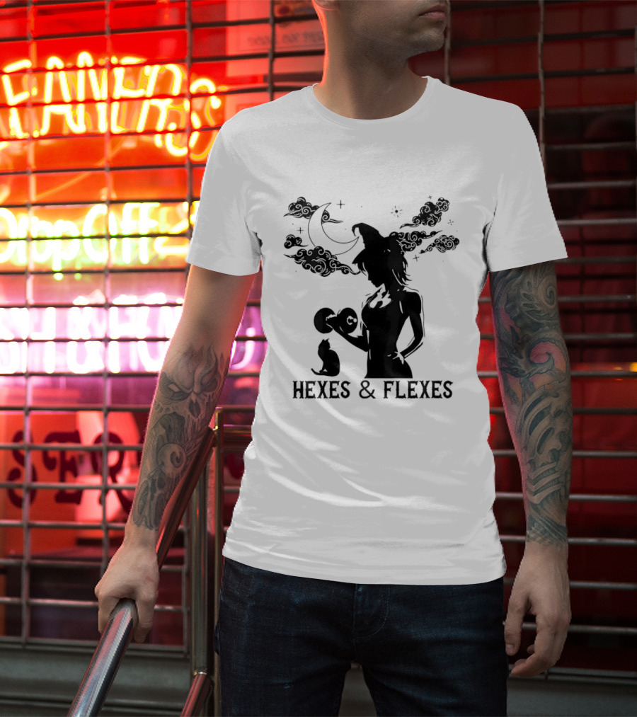 Spooky Fitness Witch Lifting Dumbbell With Cat Hexes & Flexes Moon Clouds T-Shirt