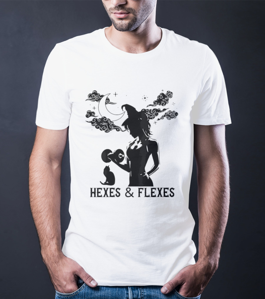 Spooky Fitness Witch Lifting Dumbbell With Cat Hexes & Flexes Moon Clouds T-Shirt