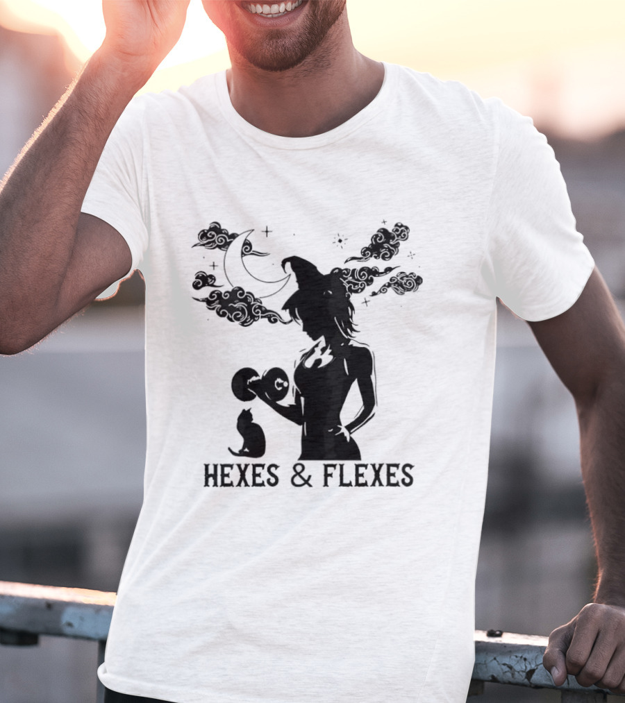 Spooky Fitness Witch Lifting Dumbbell With Cat Hexes & Flexes Moon Clouds T-Shirt