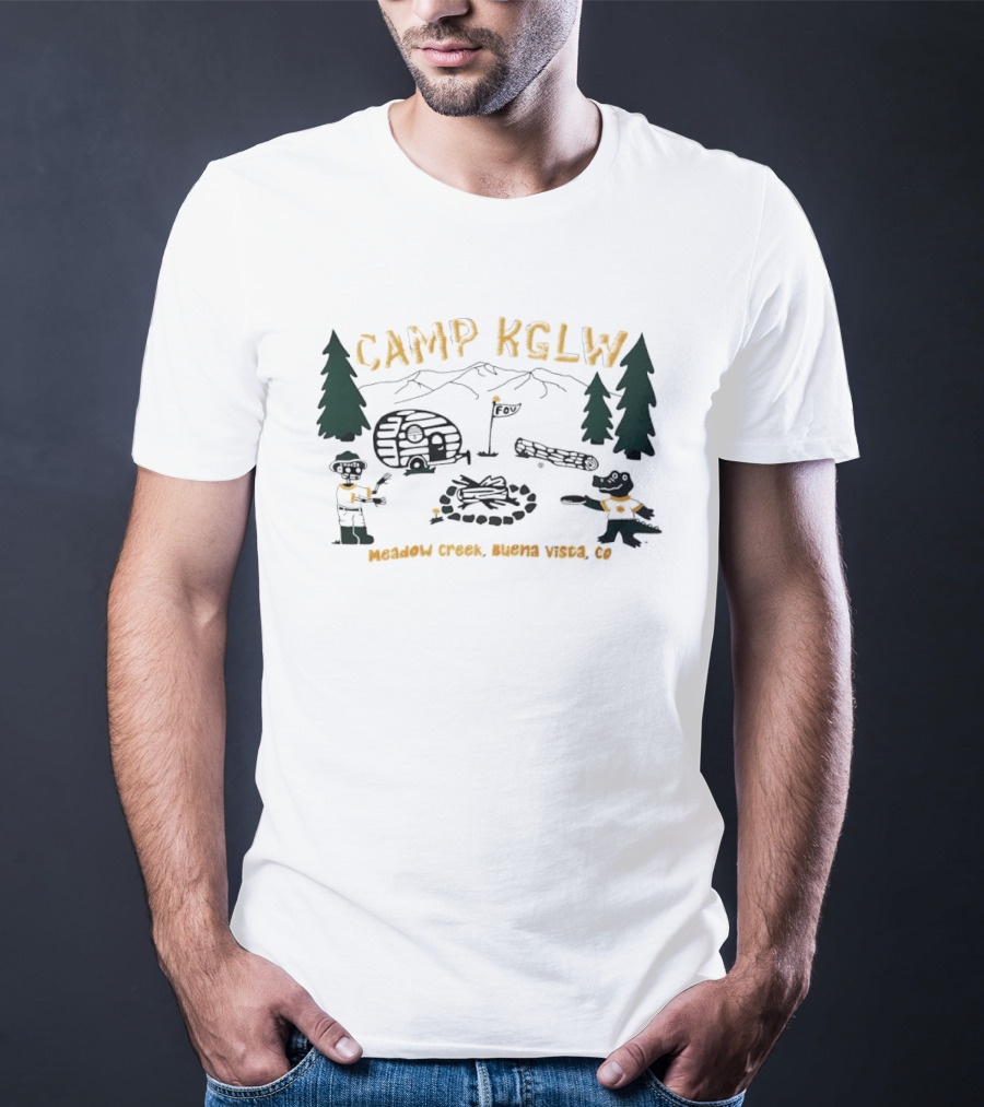 Camp KGLW Meadow Creek Buena Vista CO Skeleton Gator Camping Disc Golf T-Shirt
