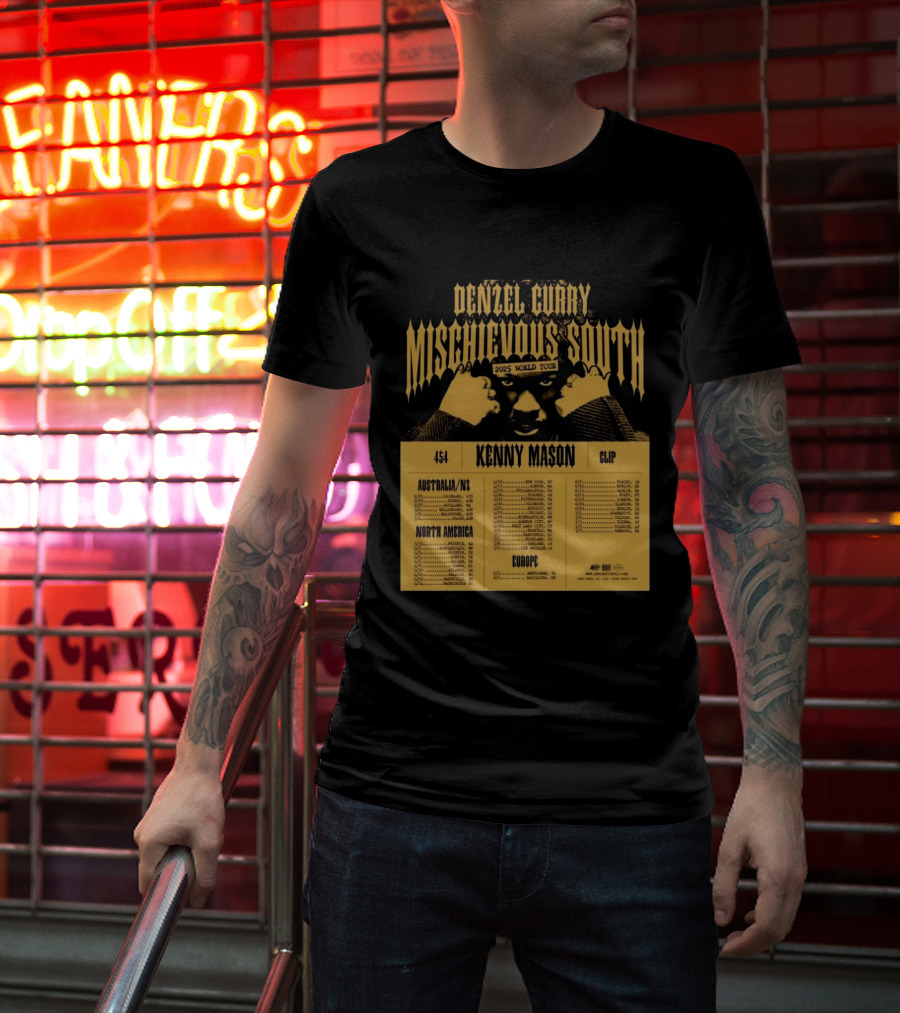 Denzel Curry Mischievous South 2025 World Tour Kenny Mason Clip 454 Australia North America Europe Dates T-Shirt