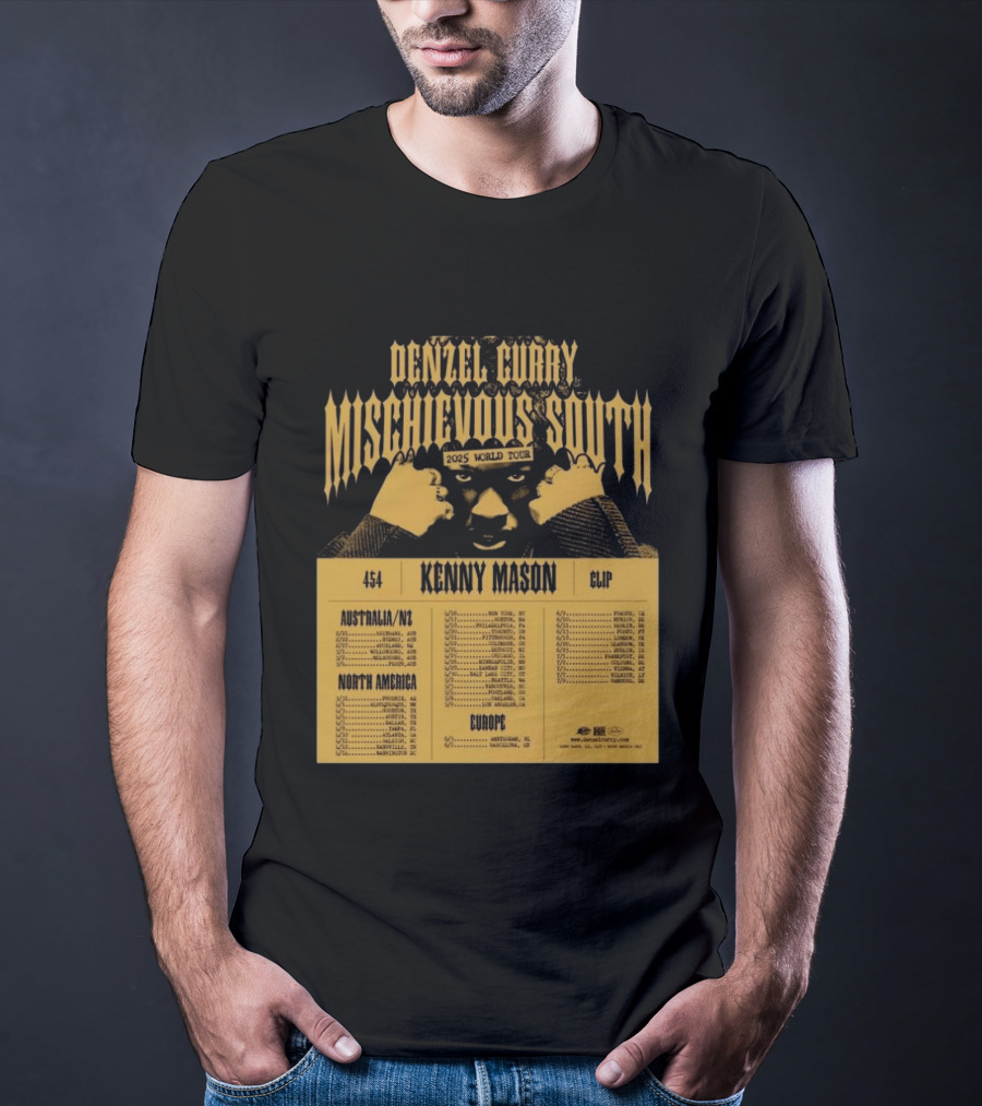 Denzel Curry Mischievous South 2025 World Tour Kenny Mason Clip 454 Australia North America Europe Dates T-Shirt