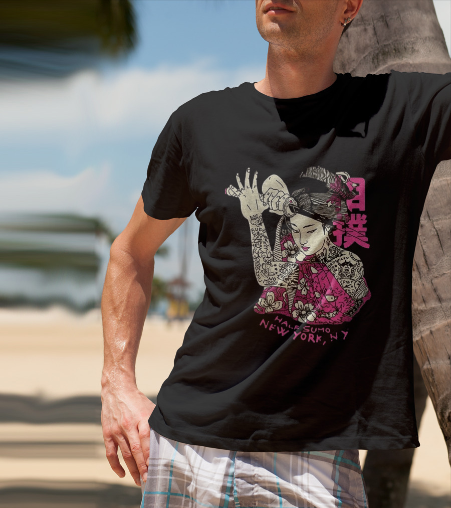 Tattooed Geisha With Katana And Flowers Japanese Samurai Half Sumo New York NY T-Shirt