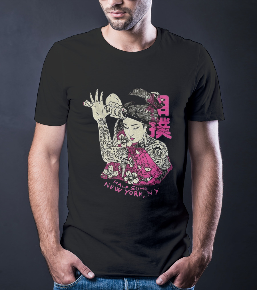 Tattooed Geisha With Katana And Flowers Japanese Samurai Half Sumo New York NY T-Shirt