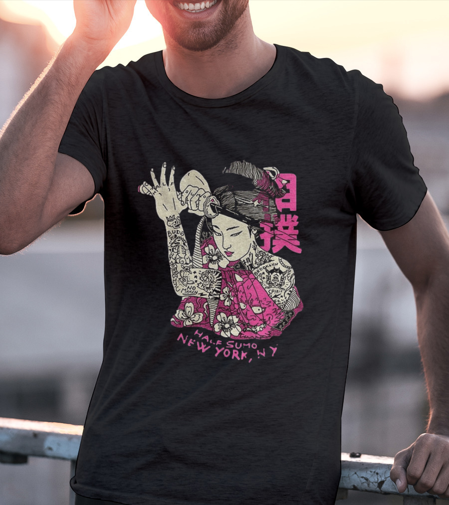 Tattooed Geisha With Katana And Flowers Japanese Samurai Half Sumo New York NY T-Shirt