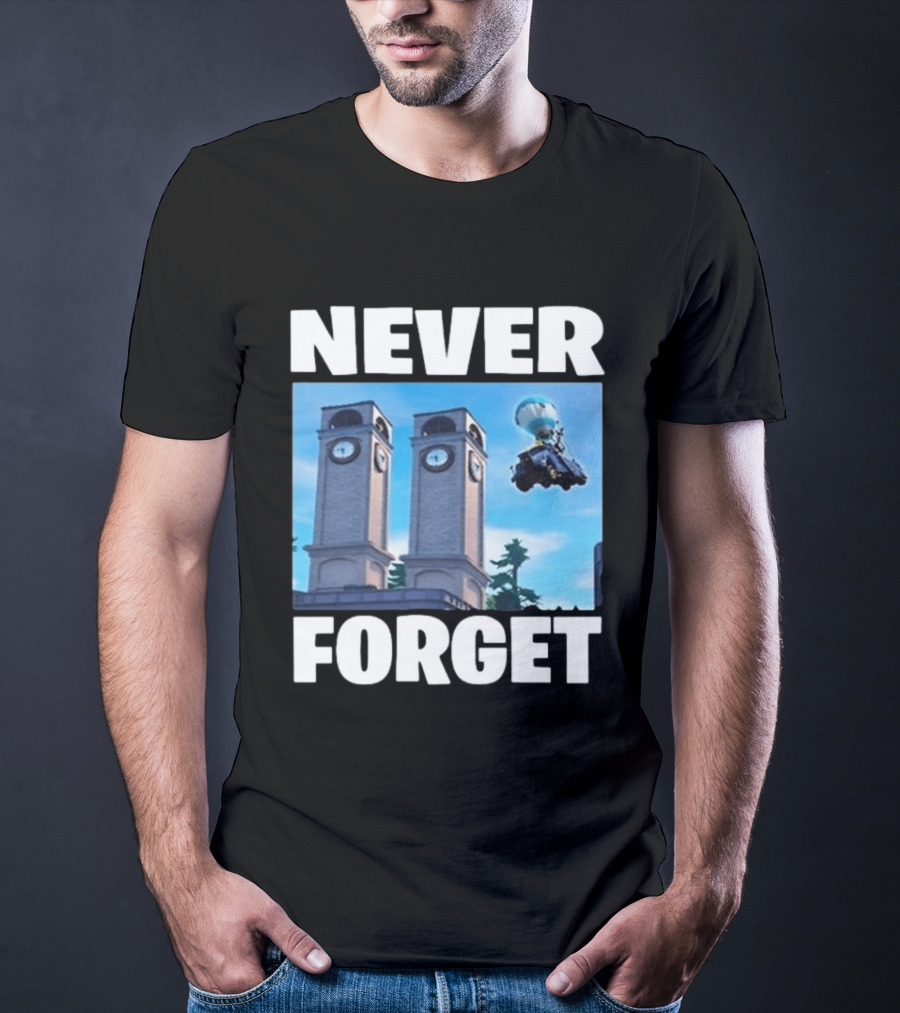 NEVER FORGET Twin Tilted Towers Fortnite Battle Bus T-Shirt