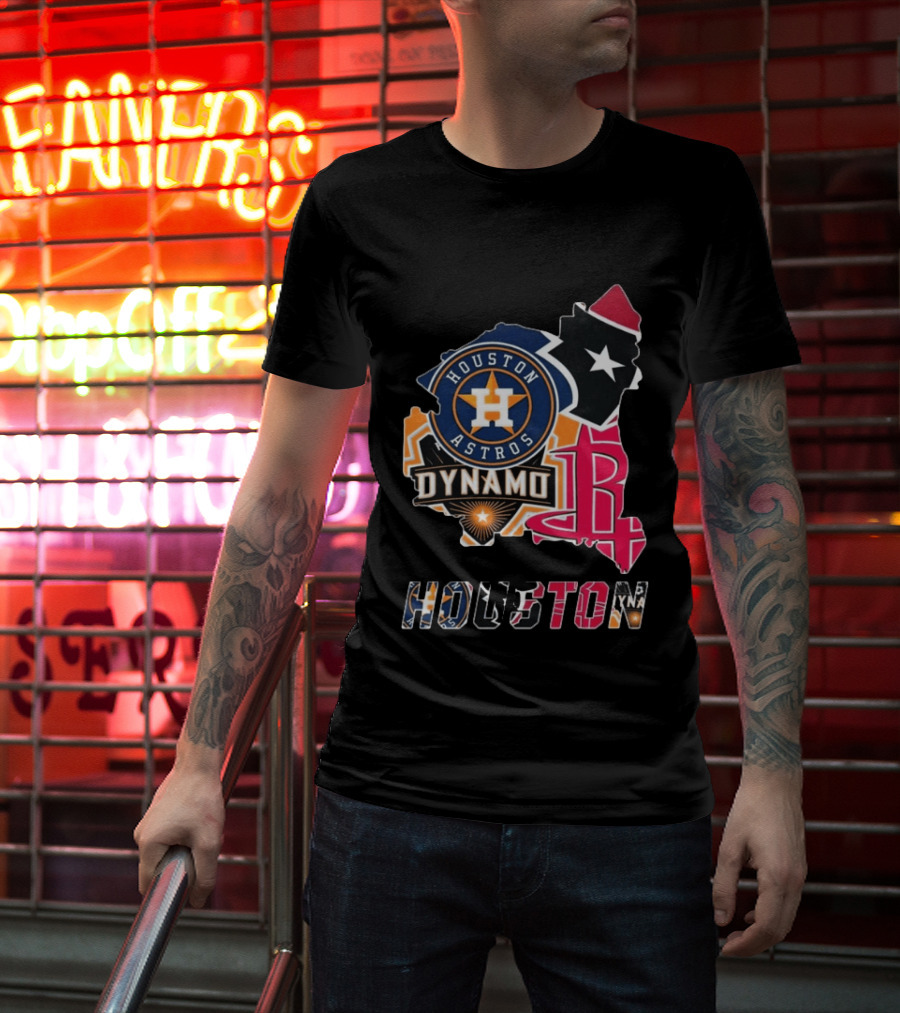 Houston Astros Texans Dynamo Rockets Map Logo Collage T-Shirt