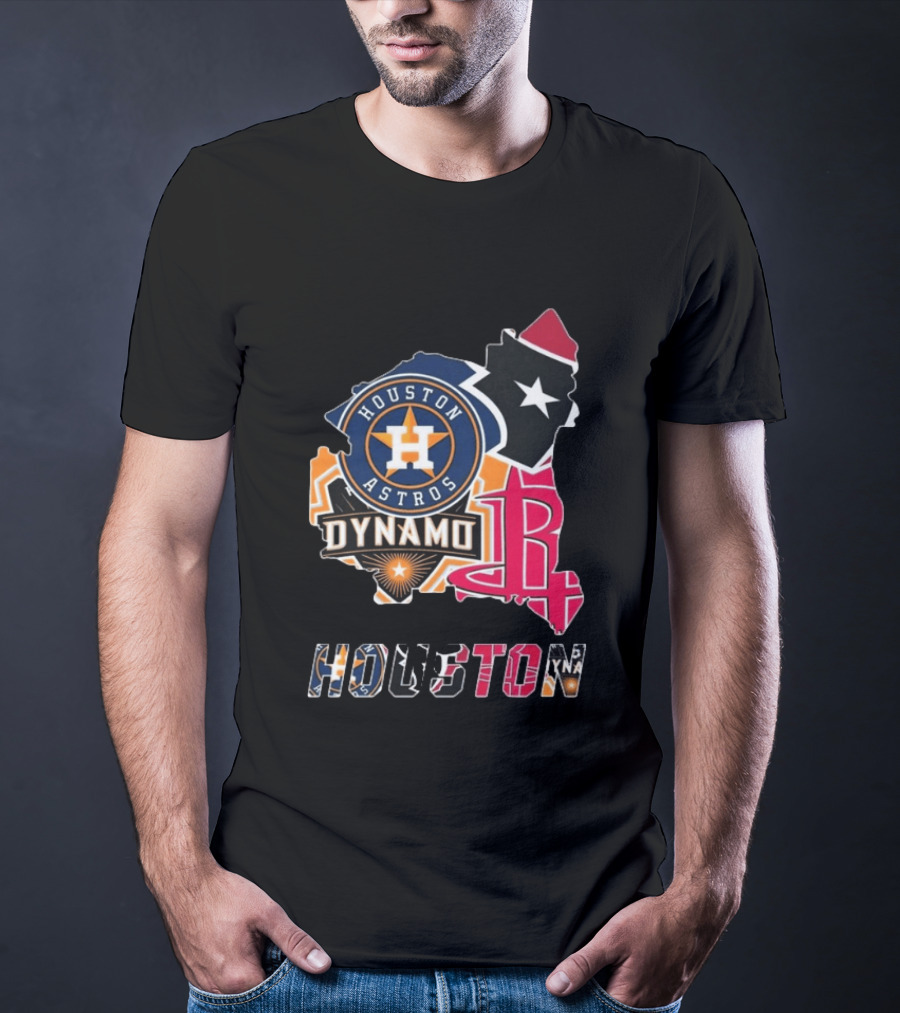 Houston Astros Texans Dynamo Rockets Map Logo Collage T-Shirt