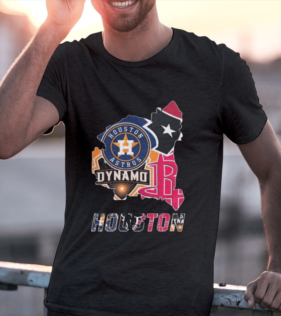 Houston Astros Texans Dynamo Rockets Map Logo Collage T-Shirt