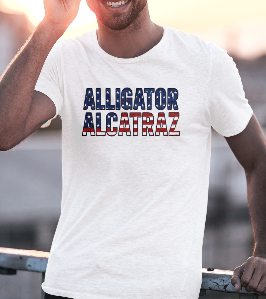 Alligator Alcatraz American Flag Patriotic Stars Stripes T-Shirt