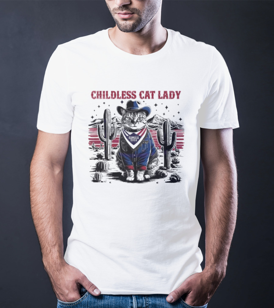 Kamala 2024 Childless Cat Lady Cowboy Desert Cactus Scene T-Shirt