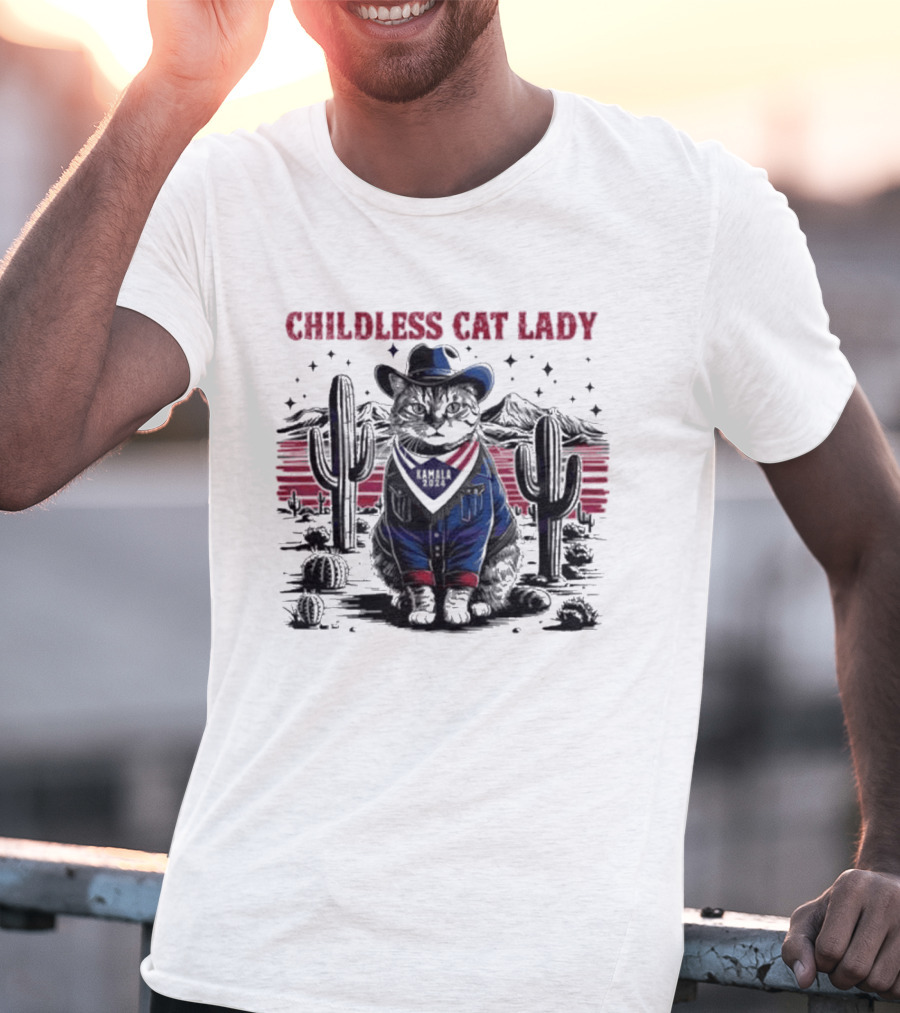 Kamala 2024 Childless Cat Lady Cowboy Desert Cactus Scene T-Shirt