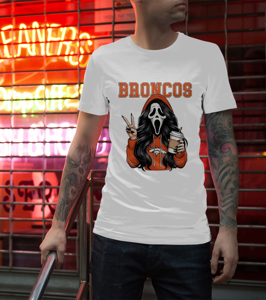 Broncos Ghostface Scream Halloween Coffee Peace Sign T-Shirt