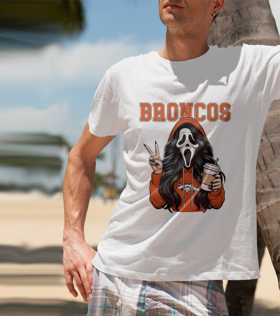 Broncos Ghostface Scream Halloween Coffee Peace Sign T-Shirt