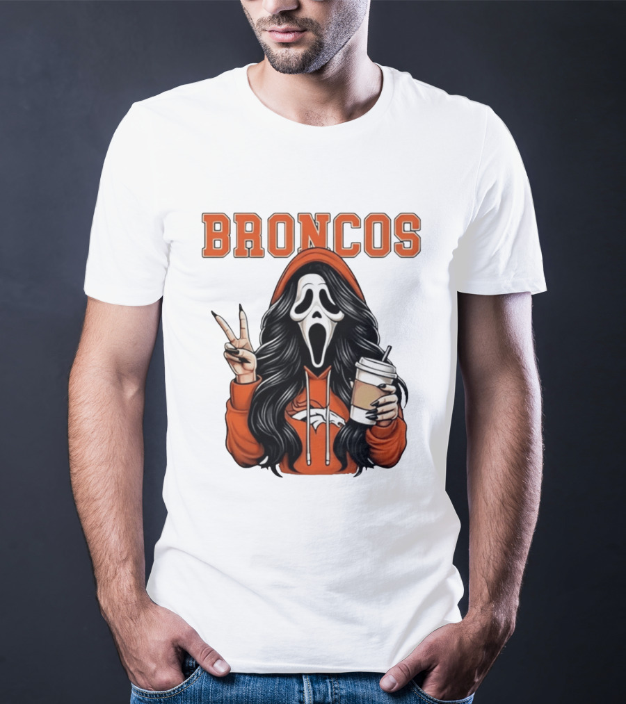 Broncos Ghostface Scream Halloween Coffee Peace Sign T-Shirt