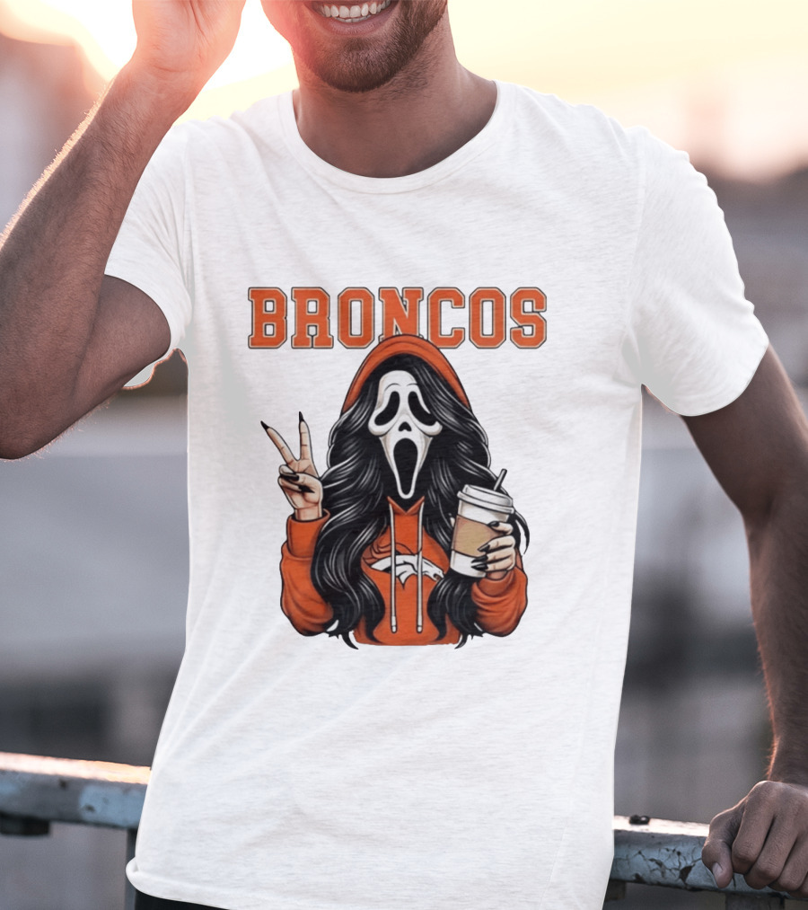Broncos Ghostface Scream Halloween Coffee Peace Sign T-Shirt