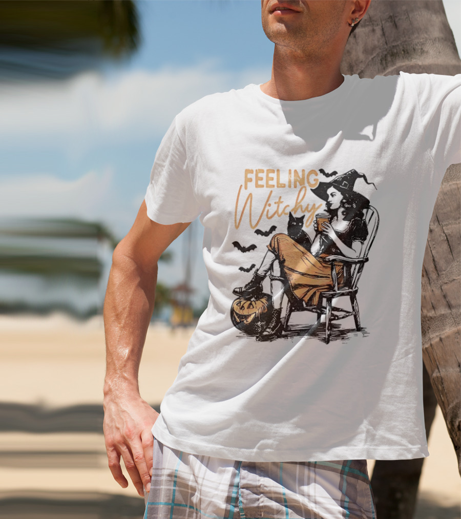 Feeling Witchy Witch With Pumpkin And Bats Halloween Vibes T-Shirt