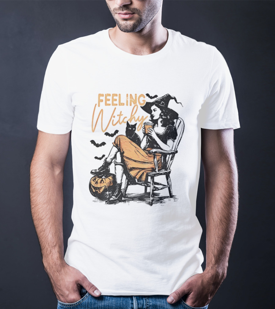 Feeling Witchy Witch With Pumpkin And Bats Halloween Vibes T-Shirt