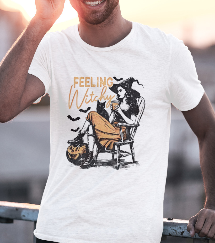 Feeling Witchy Witch With Pumpkin And Bats Halloween Vibes T-Shirt
