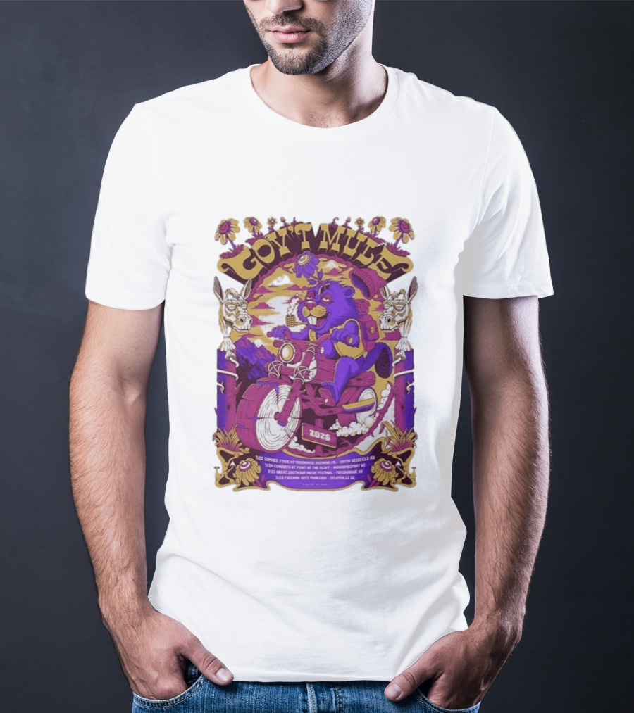 Gov't Mule Summer Tour 2026 Psychedelic Bear Riding Motorcycle Concert Dates And Locations T-Shirt