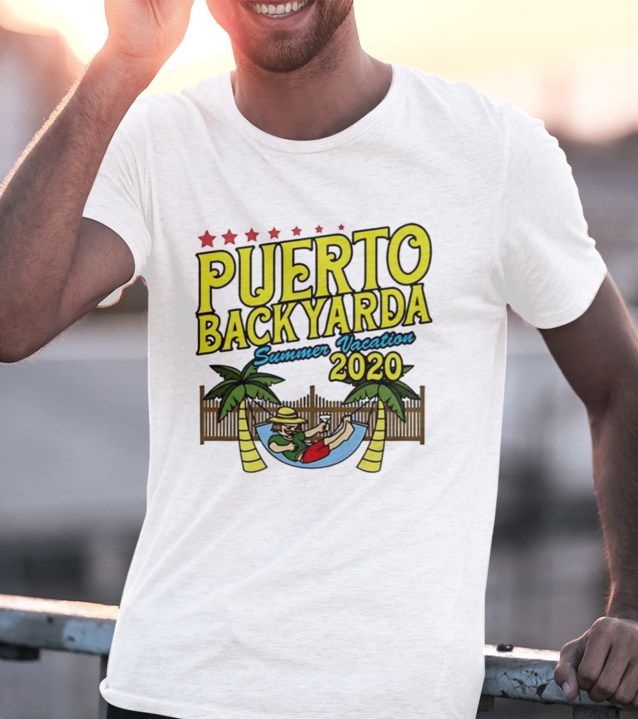 Puerto Backyarda Summer Vacation 2020 Relaxing Hammock Palm Trees Retro Cartoon T-Shirt