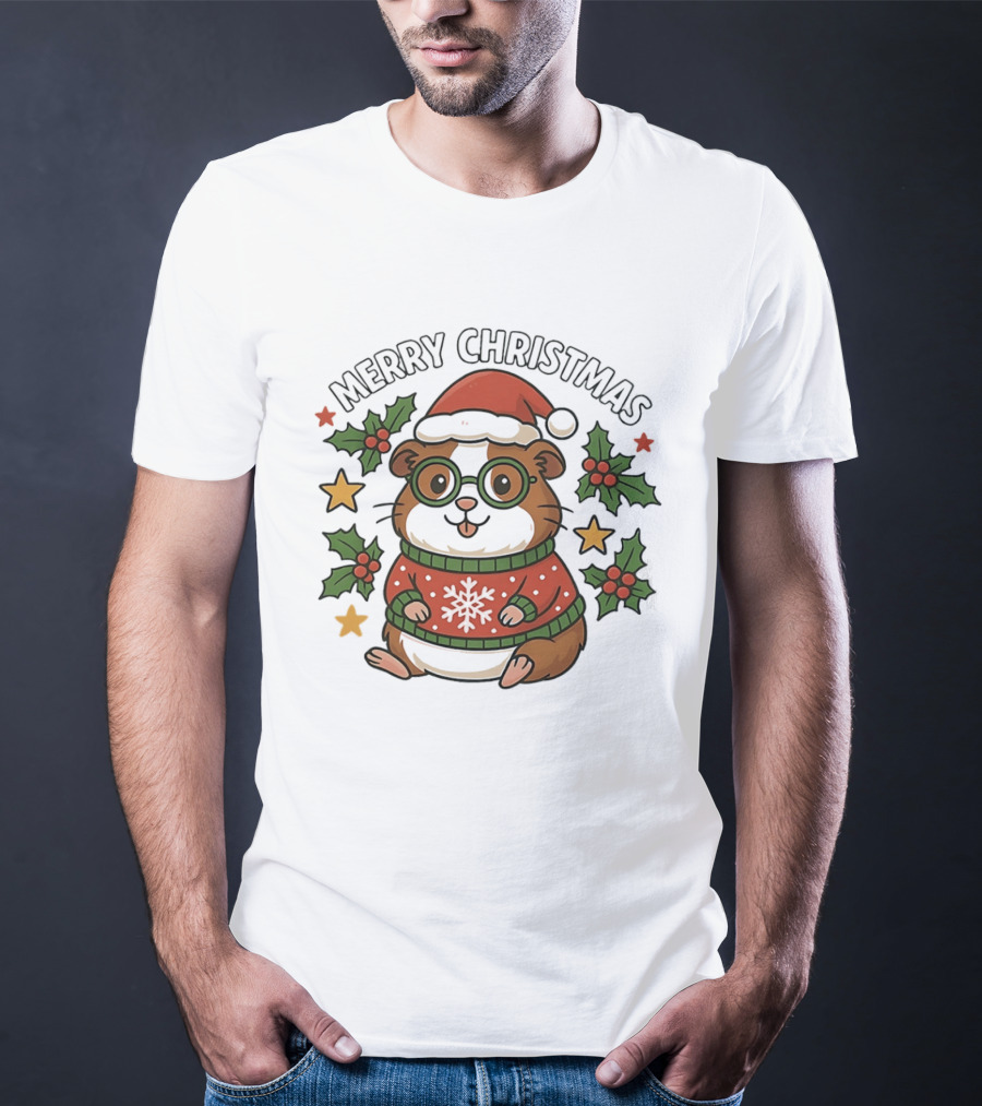 Merry Christmas Santa Guinea Pig In Holiday Sweater With Holly And Stars T-Shirt