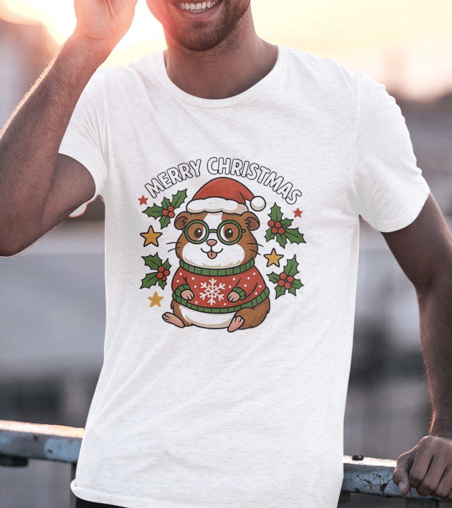 Merry Christmas Santa Guinea Pig In Holiday Sweater With Holly And Stars T-Shirt
