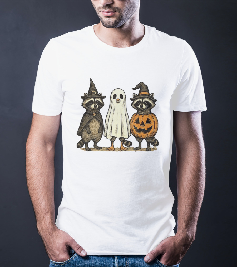 Spooky Boo Ghost Raccoon Pumpkin Raccoon Witch Hat Happy Halloween 2025 T-Shirt