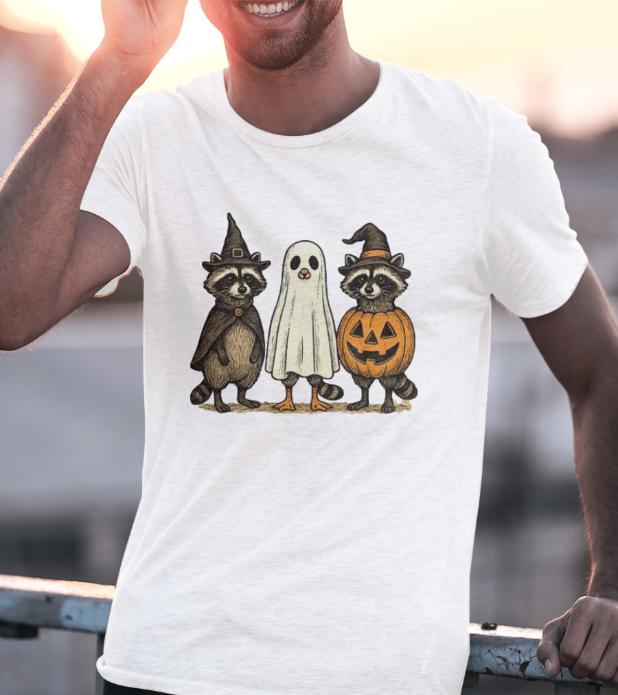 Spooky Boo Ghost Raccoon Pumpkin Raccoon Witch Hat Happy Halloween 2025 T-Shirt