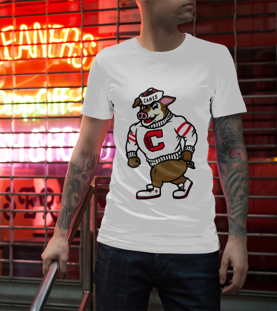 Canes Mascot Pig In Red And White Sweater With Stripes T-Shirt