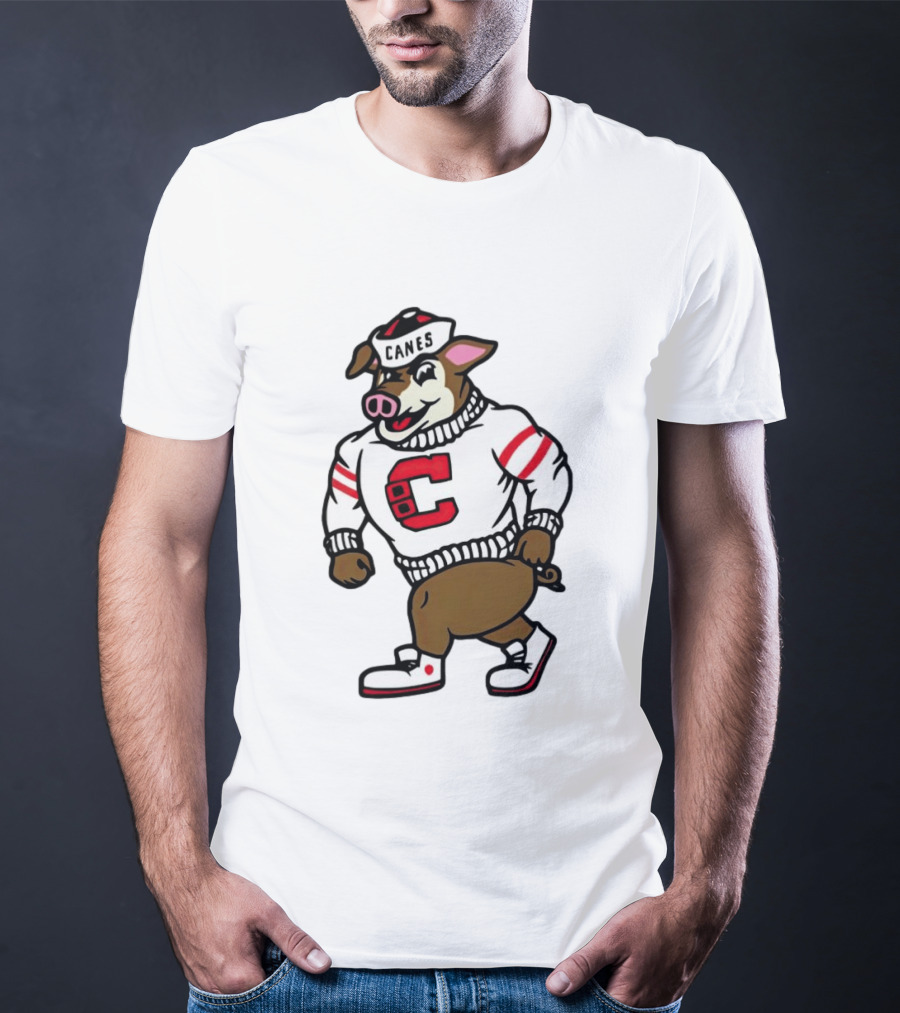 Canes Mascot Pig In Red And White Sweater With Stripes T-Shirt
