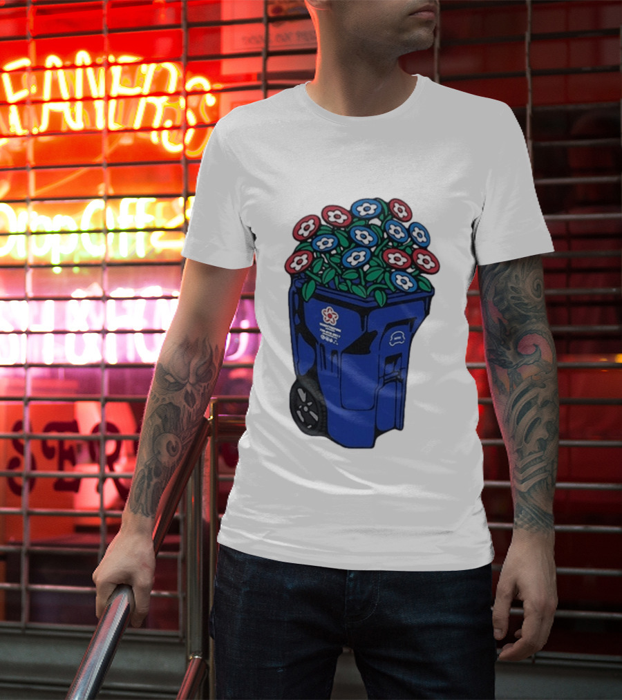 Vandy The Pink Trash Can Blue Recycling Bin Flowers T-Shirt