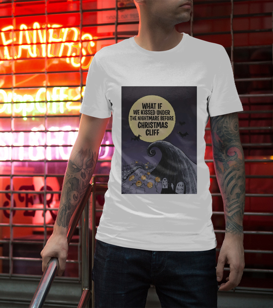 What If We Kissed Under The Nightmare Before Christmas Cliff Halloween Moon Bats Pumpkins Graveyard Scene T-Shirt