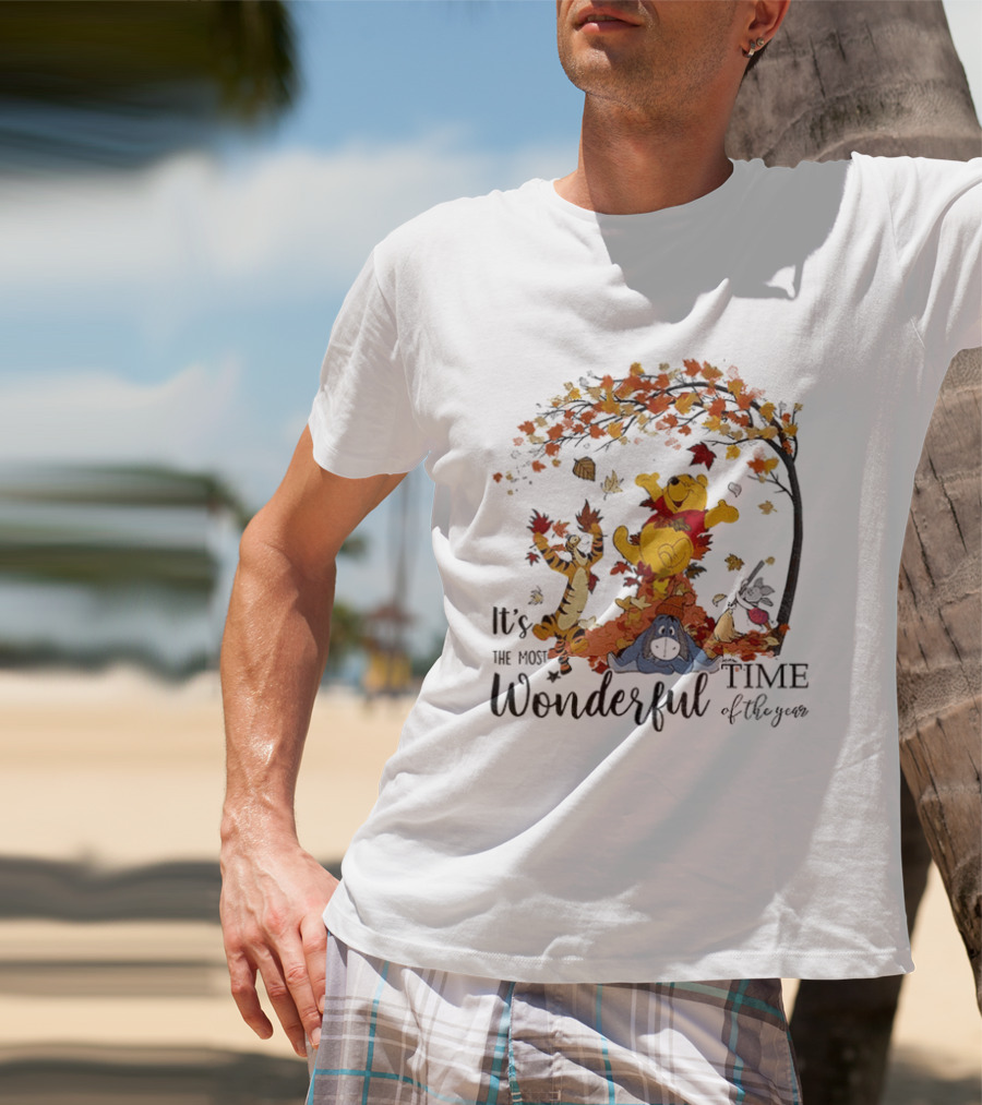 Winnie The Pooh It's The Most Wonderful Time Of The Year Happy Fall Autumn Leaves T-Shirt