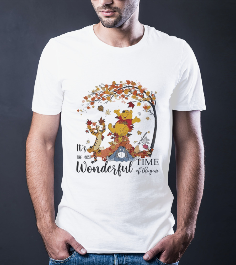 Winnie The Pooh It's The Most Wonderful Time Of The Year Happy Fall Autumn Leaves T-Shirt