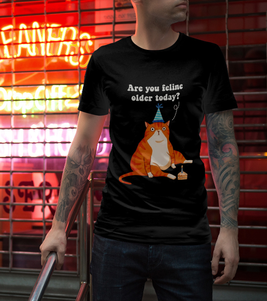 Are You Feline Older Today Birthday Cat With Party Hat And Cake T-Shirt