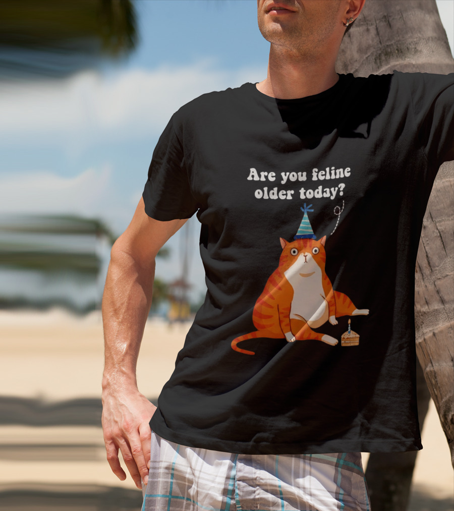 Are You Feline Older Today Birthday Cat With Party Hat And Cake T-Shirt