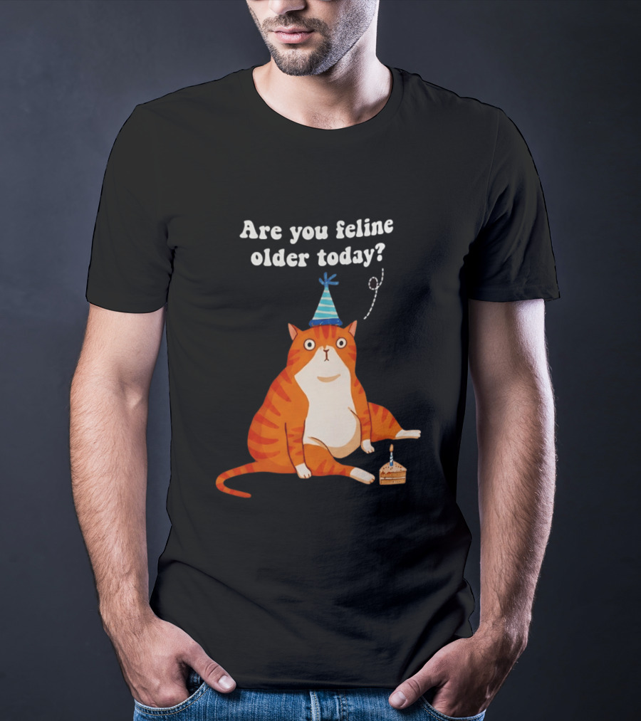 Are You Feline Older Today Birthday Cat With Party Hat And Cake T-Shirt