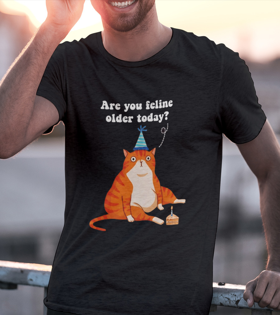 Are You Feline Older Today Birthday Cat With Party Hat And Cake T-Shirt