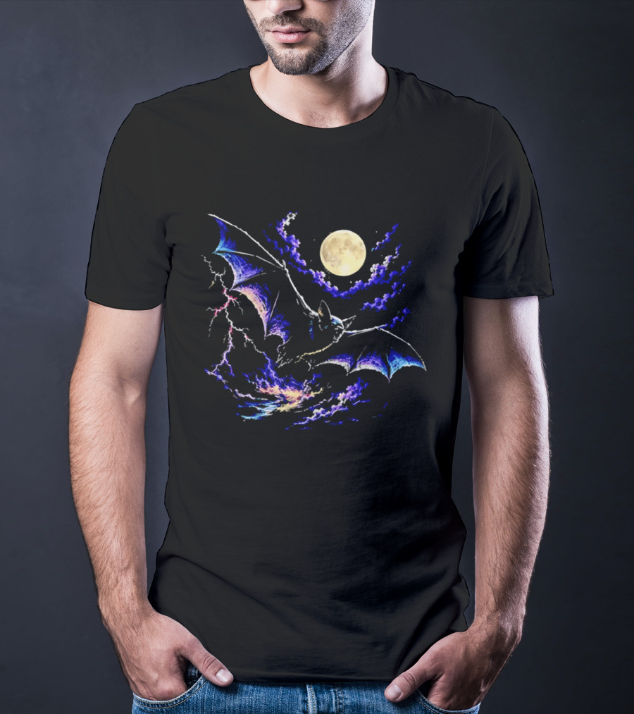 Bat Flying In Stormy Night With Full Moon Lightning And Clouds T-Shirt