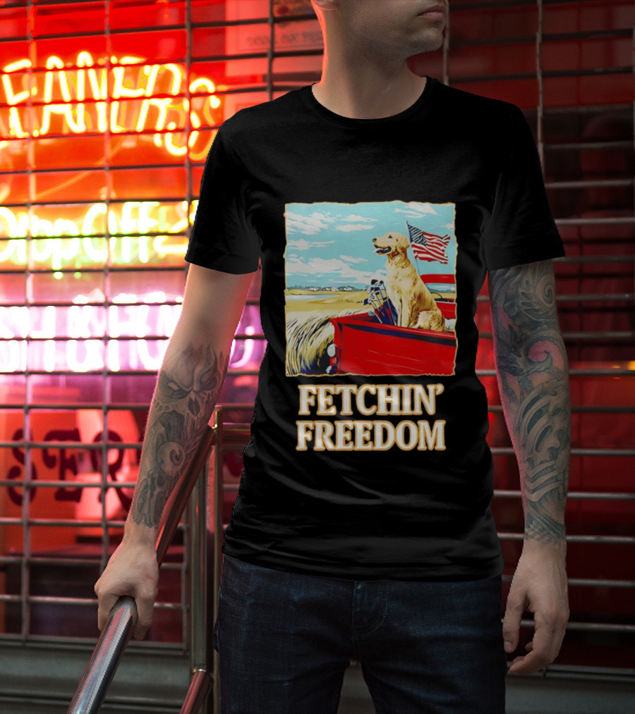 Fetching Freedom Dog And American Flag Scene T-Shirt