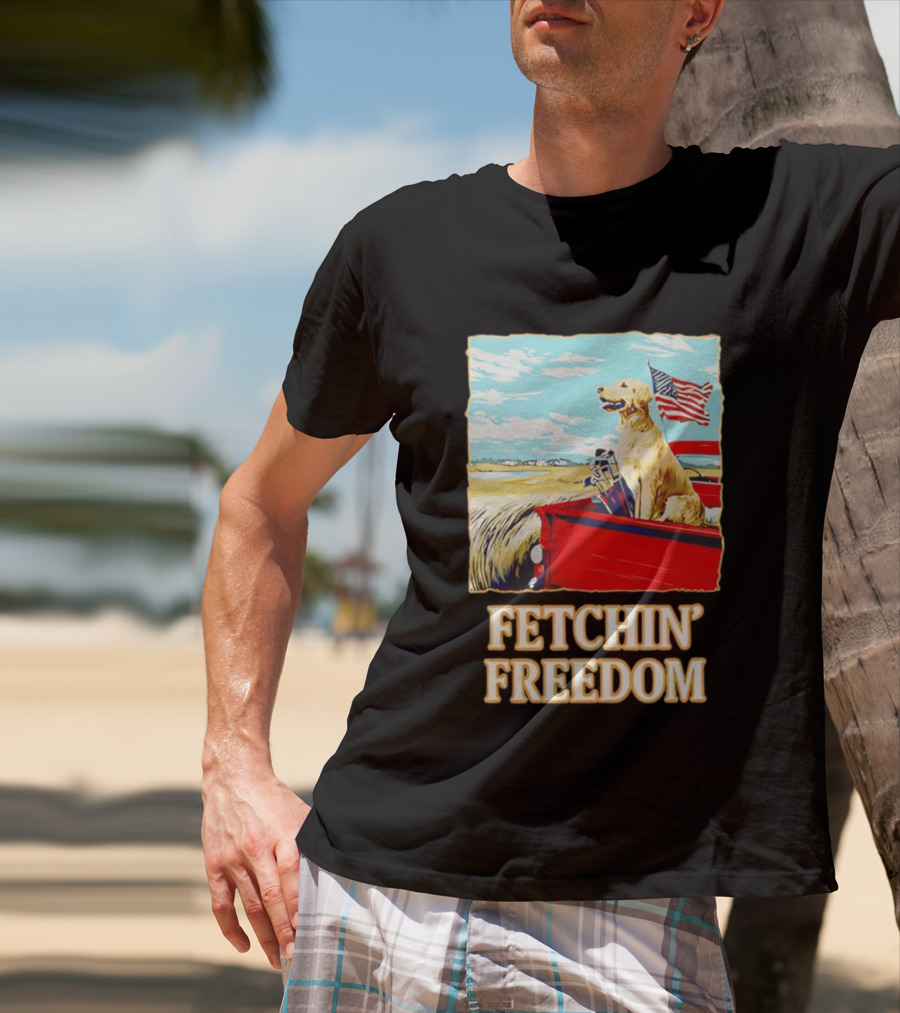 Fetching Freedom Dog And American Flag Scene T-Shirt