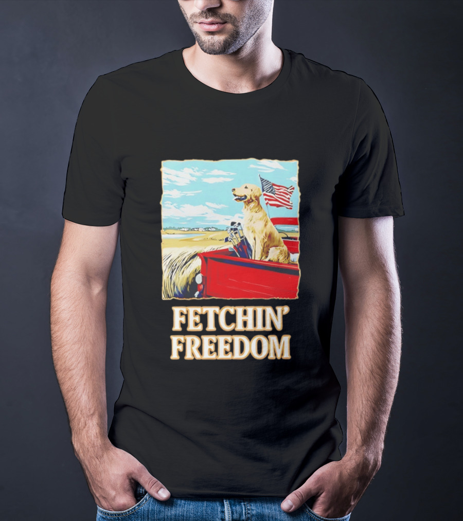 Fetching Freedom Dog And American Flag Scene T-Shirt