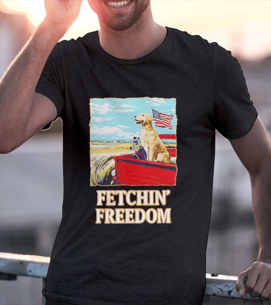 Fetching Freedom Dog And American Flag Scene T-Shirt