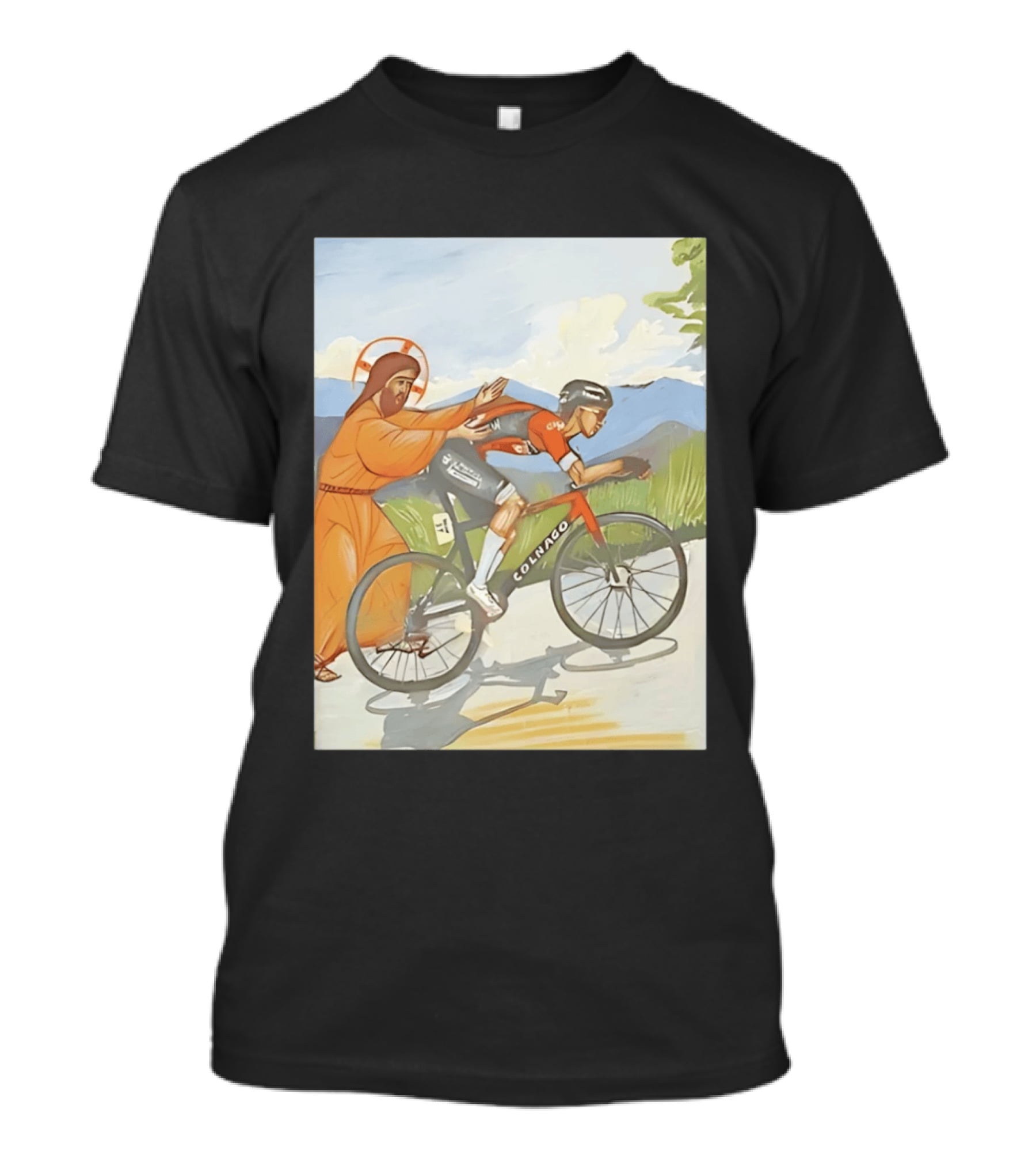 Jesus Gives Tadej Pogačar A Push Colnago Cycling T-Shirt