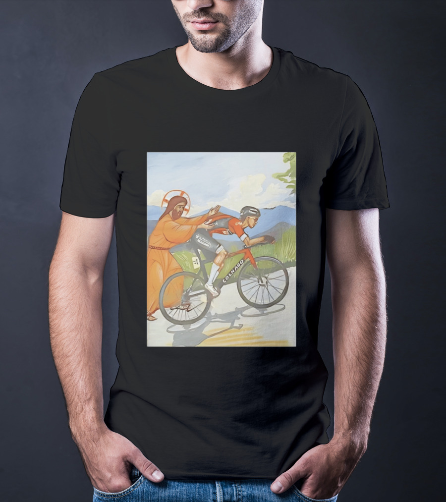 Jesus Gives Tadej Pogačar A Push Colnago Cycling T-Shirt