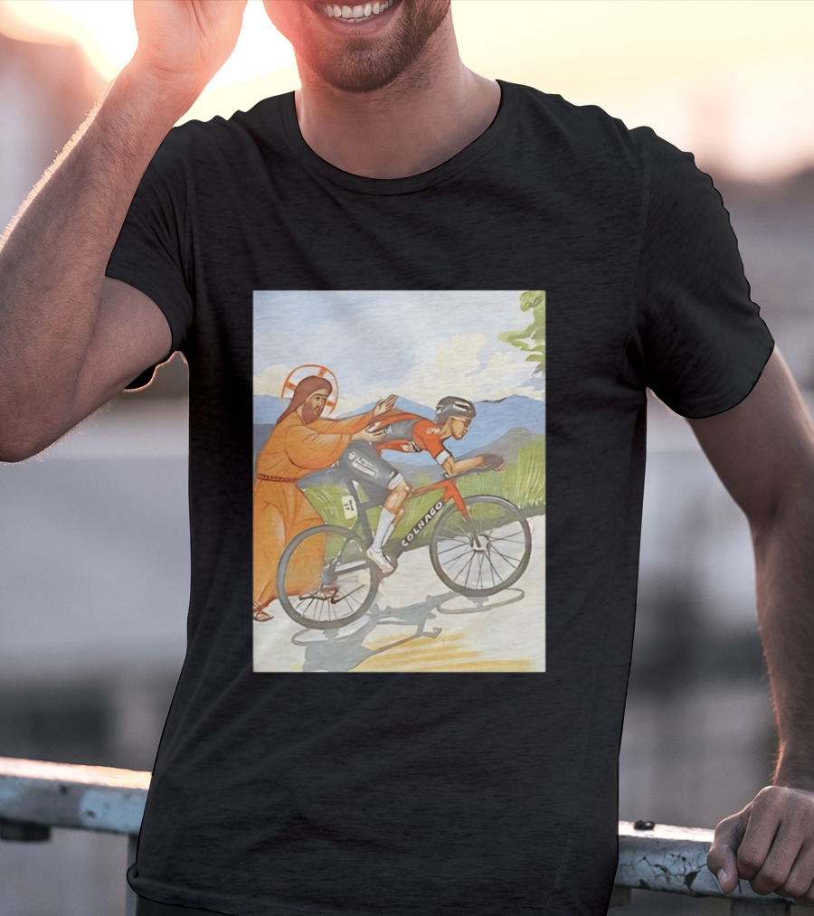 Jesus Gives Tadej Pogačar A Push Colnago Cycling T-Shirt